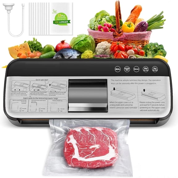 85KPa Vacuum Sealer Machine, One- Automatic  Sealer with 15 Bags, Dry/Moist/Seal/Manual/External Vac, 7MM Heating wire, Compact Easy-Clean for  Storage and Sous Vide