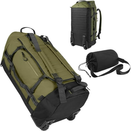 85L 29" Foldable Rolling Backpack with Wheels, Soft-Side Travel Duffle Bag with Separate Shoe Compartment, Full Quilted Bottom, Army