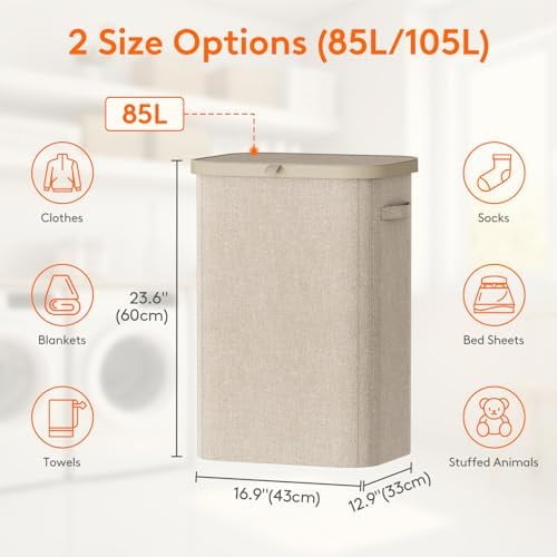 85L Laundry Basket with Lid, Large Laundry Hamper with Plastic Handles and Removable Bag, Foldable Tall Dirty Clothes Hampers for Laundry for Laundry Room, Bedroom, Bathroom, Dorm, Beige