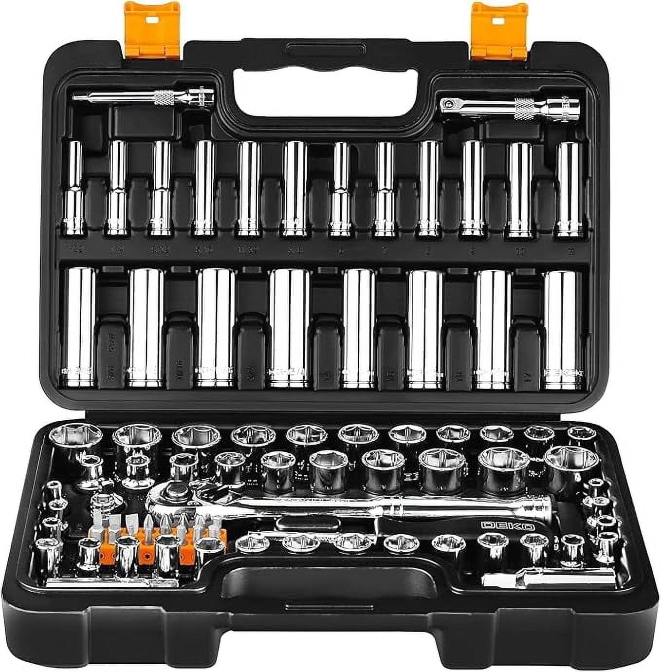 85PCS 1/4" and 3/8" Drive Impact Socket Wrench Ratchet Tool Set: Deep & Shallow Kit, SAE & Metric Sockets with Quick-Release Ratchet Handle and Extension Bar for Car Repair and Home Use