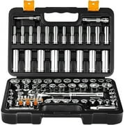 85PCS 1/4" and 3/8" Drive Impact Socket Wrench Ratchet Tool Set: Deep & Shallow Kit, SAE & Metric Sockets with Quick-Release Ratchet Handle and Extension Bar for Car Repair and Home Use