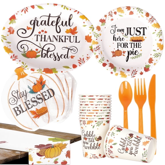 85PCS Thanksgiving Party Supplies Kit, Autumn Disposable Dinnerware Includes, Paper Oval 12'' Dinner Plates, Dessert Plates, Napkins, Cups, and Tablecloth, knife,fork,spoon for Fall party Decoratio