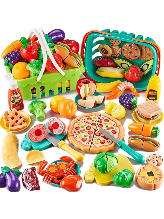 85Pc Pretend Play Food Sets for Kids Kitchen, Cutting toy food with 2 Baskets, Play Kitchen Accessories for Toddlers, Fake Food with Pizza Veggies Fruits, Kids Kitchen Toys, Boys Girls Gift.