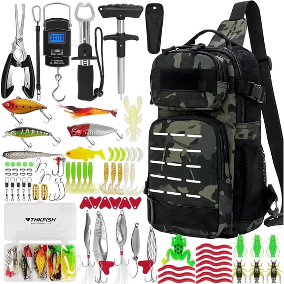 85Pcs Fishing Tool Kit, Fishing Backpack with Tackle Boxes Included, Fishing Tackle Kit Include Fishing Bait Lure Gear Kit, Fishing Pliers, Fish Hook Remover, Lip Gripper