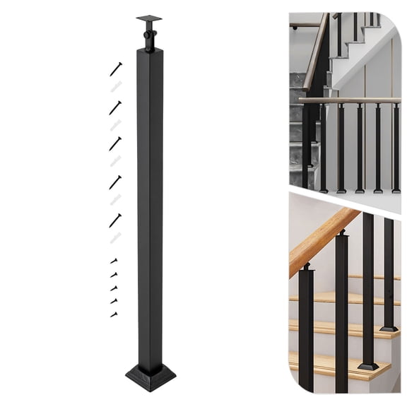 85cm Black Square Metal Railing Spindles with Flat & Adjustable 270 Angle Bracket, Stair Balusters Post, Banister Column for Deck, Steps, Garden, Outdoor Stairs Remodeling, Front Moun