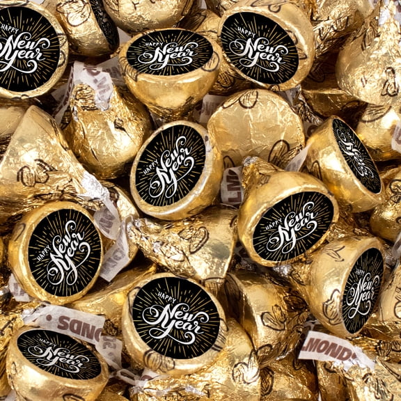 85ct New Years Eve Gold Foiled Milk Chocolate Almond Stickered Kiss Party Favors