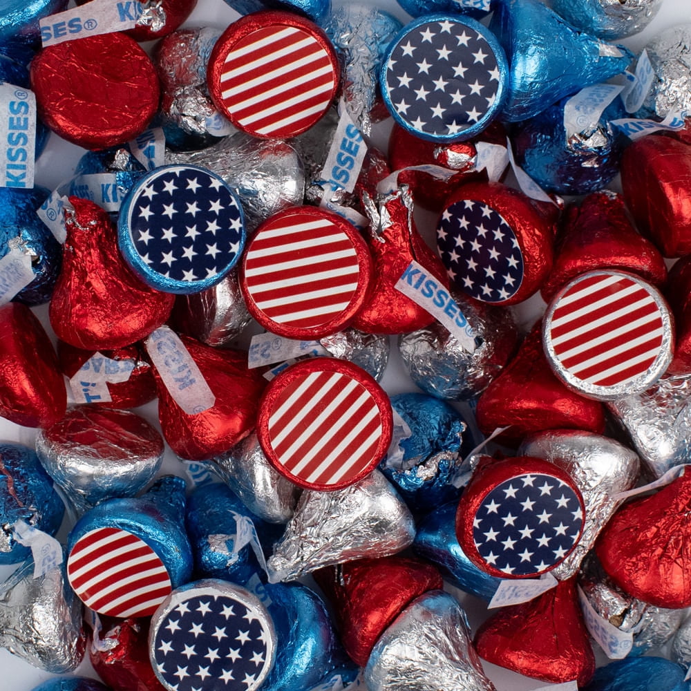 85ct Patriotic Stars & Stripes Stickered Hersheys Chocolate Red, Blue & Silver Bulk Kisses