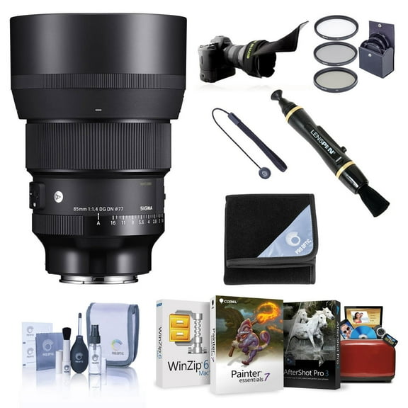 Sigma 85mm f/1.4 DG DN ART Lens for Sony E, Bundle with ProOptic 77mm Filter Kit, PC Software Kit, Cleaning Kit, Lens Wrap, Flex Lens Shade, Lens Cap Tether, Lens Cleaner