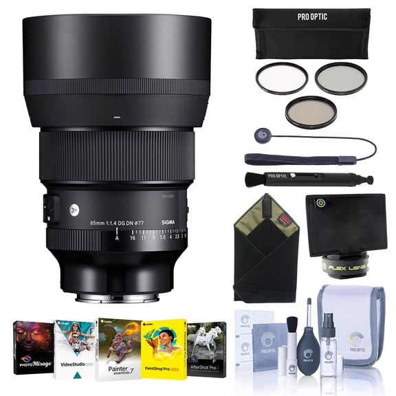 Sigma 85mm f/1.4 DG DN ART Lens for Sony E, Bundle with ProOptic 77mm Filter Kit, PC Software Kit, Cleaning Kit, Lens Wrap, Flex Lens Shade, Lens Cap Tether, Lens Cleaner