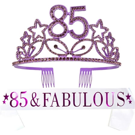 85th Birthday Sash and Tiara for Women - Fabulous Glitter Sash + Stars Rhinestone Purple Premium Metal Tiara for Her, 85th Birthday Gifts for 85 Celebration