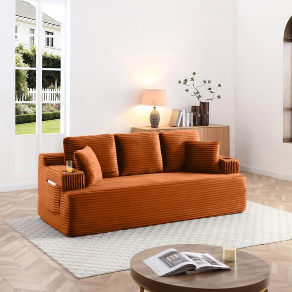 86.2'' Boneless Sofa Couch, Corduroy 3 Seater sofa with Cup Holder & Side Pocket,Orange couch for living room,small spaces