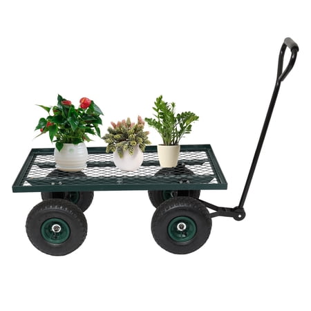 Four Wheel Square Garden Wagon Iron Wood Utility Cart Green Outdoor Heavy Duty Garden Wagon 86×46×97cm