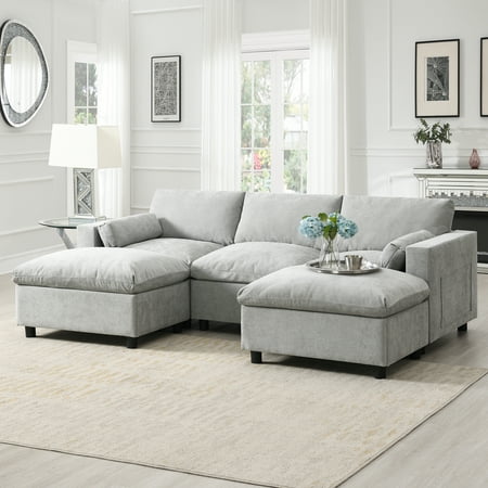 86.5'' Chenille Modular Sectional Sofa with Storage Pockets, 5 Seat U Shaped Couch Set with Pillows, Free Combination, Modern Cloud Sofa with 2 Movable Ottoman for Living Room, Apartments (Grey)