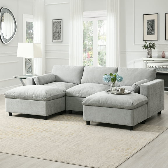 86.5'' Chenille Modular Sectional Sofa with Storage Pockets, 5 Seat U Shaped Couch Set with Pillows, Free Combination, Modern Cloud Sofa with 2 Movable Ottoman for Living Room, Apartments (Grey)