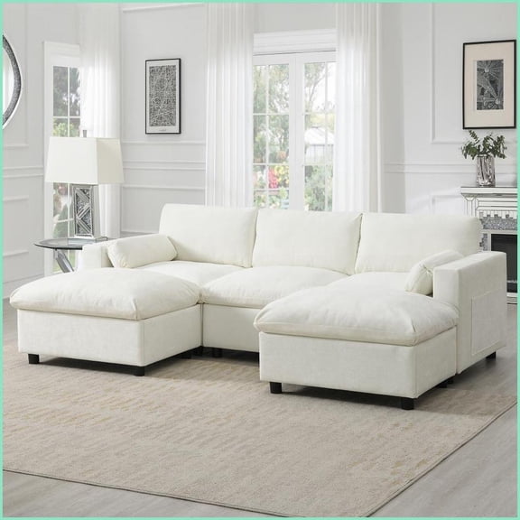 86.5'' Modern 5-Seat Chenille Modular Sectional Sofa with Storage & Movable Ottomans for Living Room | Chenille | Off-White | Square Arms