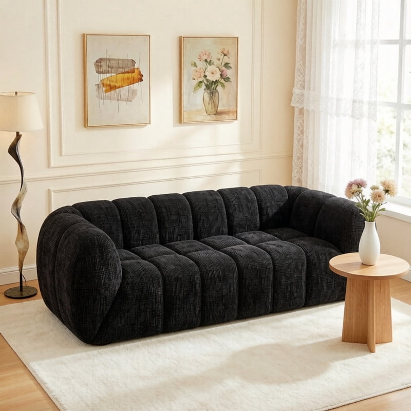 86.5''W Pure Foam Boneless No Assembly Floor Armrest Sofa, Chenille Modern Oversized Loveseat, Deep Seat 3-Seater Upholstered Couch