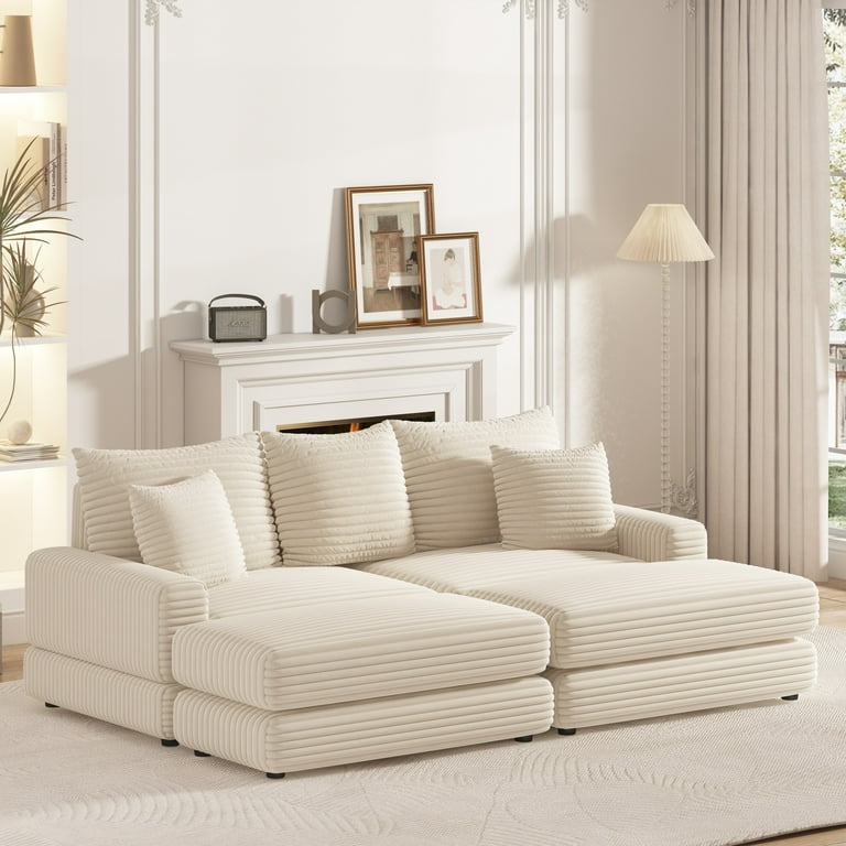 86.6inch Corduroy 3 Seater Sofa with 3 Back Pillows 2 Toss Pillows and Two Ottoman Latitude Run Body Fabric Beige Corduroy