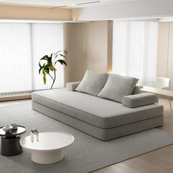 86.6" Convertible Sleeper Sofa Bed with 2 Removable Backrests, Multifunctional Floor Lounge Couch with Deep Seat and 2 Pillows, DIY Modern Upholstered Couch for Living Room, Office, Light Grey