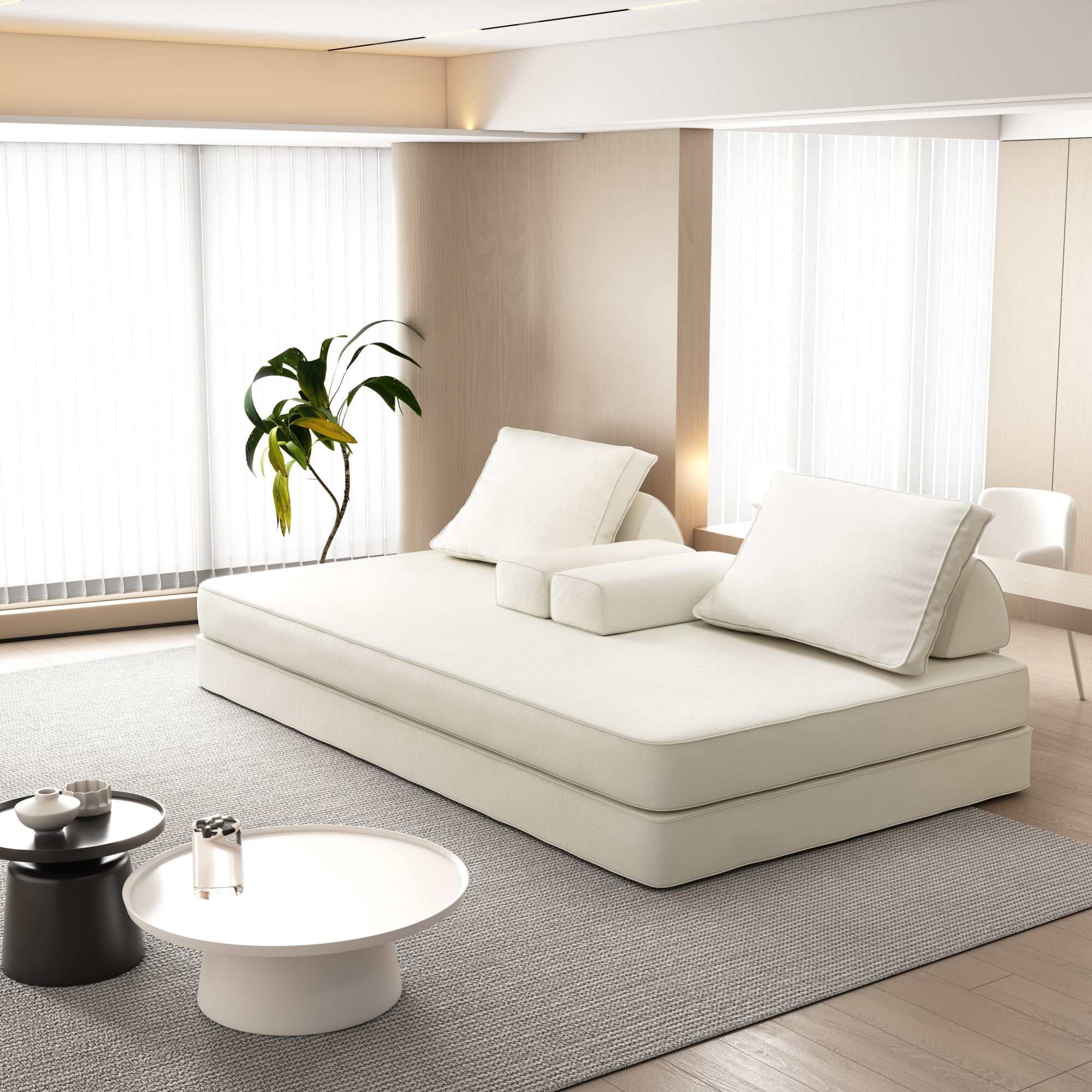 86.6" Convertible Sofa Bed,Multifunctional Upholstered Sleeper Sofa Bedwith 2 Removable Backrests and 2 Pillows for Living Room,Bedroom,Beige