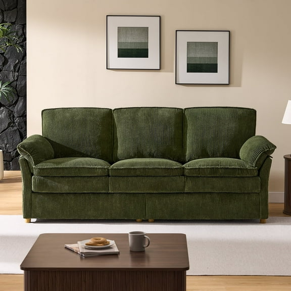 86.6" Corduroy Couches, Comfy 3 Seater Sofa with Pillow Top Armrest & Dual-Layer Cushions for Living Room Bedroom, Green