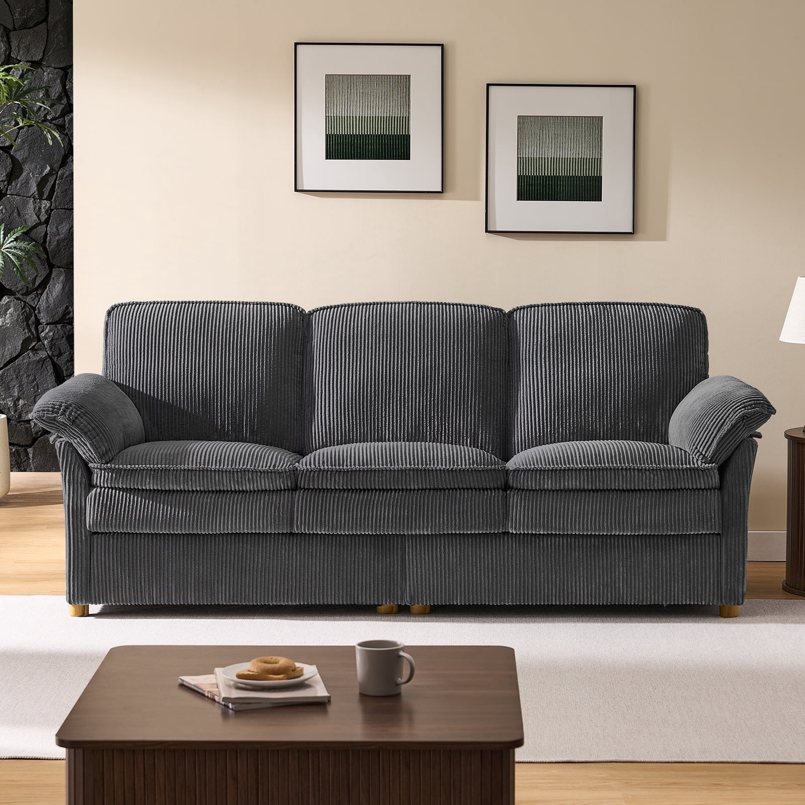 86.6" Corduroy Couches, Comfy 3 Seater Sofa with Pillow Top Armrest & Dual-Layer Cushions for Living Room Bedroom, Grey