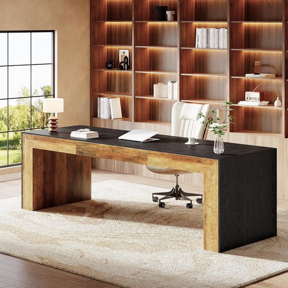 86.6-Inch Long Computer Desk for 2 Person, Farmhouse Executive Desk with Wooden Tabletop and Legs