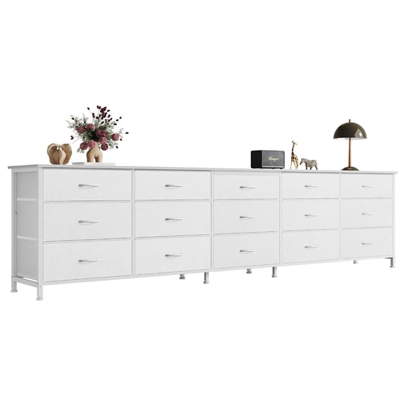 86.6 Inch Long Dresser TV Stand for 65 75 85 Inch TVs, 15 Drawer Storage Cabinet for Bedroom Living Room, Particle Board Entertainment Center with Smooth Gliding Rails and Wall Mount