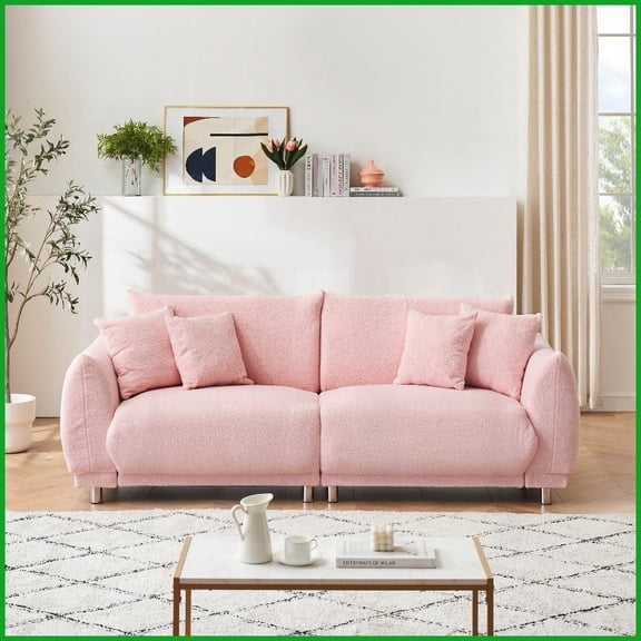 86.6 Inch Teddy Fleece Pink 3-Seater Sofa with 4 Pillows - Compact for Apartment Bedrooms, Silver Metal Feet