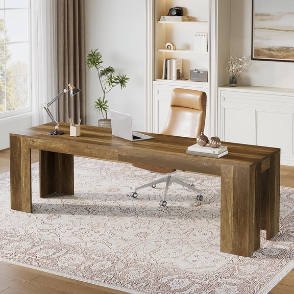 86.6-Inch Two-Person Desk  Extra Long Rustic Home Office Workstation Desk, Large Wooden Desktop for Dual Computers, Brown