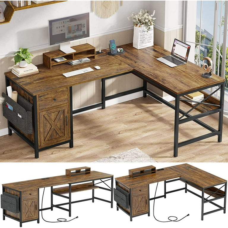 86.6 inch L Shaped Desk with Drawer Power Strip for Home Office Reversible Corner Computer Desk 2 Person Gaming Desk with Storage Cabinet Monitor