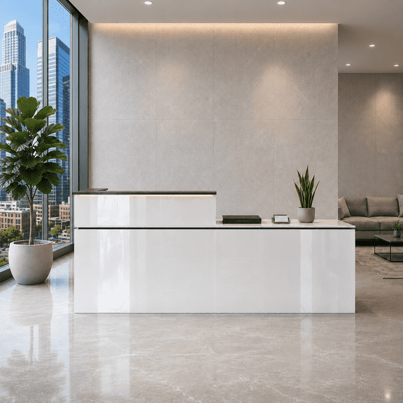86.6" White Modern Reception Desk with Left Counter, Built-in Power Outlets, LED Lighting, Lockable Drawers & Storage Shelves for Office, Salon & Lobby