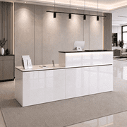 87" Reception Desk with Right Counter, Keyboard Tray, Built-in Power Outlets, Lockable Drawers, File Drawer & LED Lighting, White