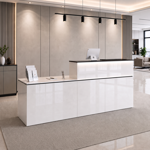 87" Reception Desk with Right Counter, Keyboard Tray, Built-in Power Outlets, Lockable Drawers, File Drawer & LED Lighting, White