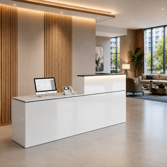 87" Modern Reception Desk with LED Lighting, Built-in Power Outlets, Lockable Drawers and Storage Shelves for Office, Salon and Lobby, White Finish, Right Counter