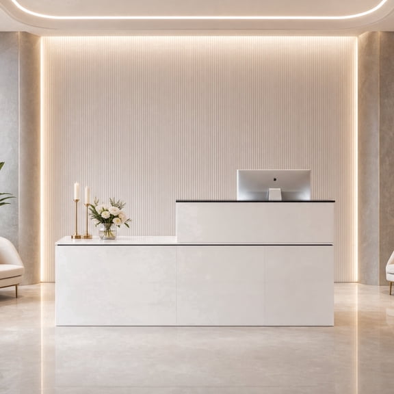 86.6" White Reception Desk with Right Counter, Large Front Desk with Power Outlets, LED Lights, Locking Drawers & Shelves for Office, Lobby & Salon
