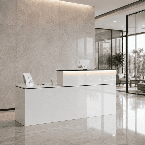 87" Modern Reception Desk with LED Lighting, Built-in Power Outlets, Lockable Drawers and Storage Shelves for Office, Salon and Lobby, White Finish, Right Counter
