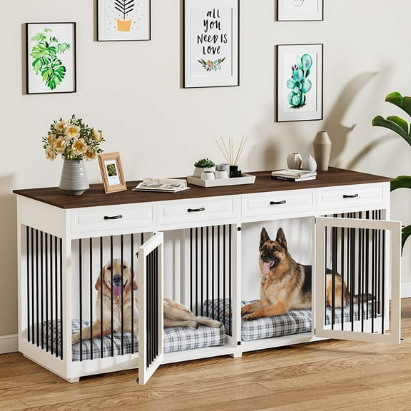 86.6" Large Dog Crate Furniture, Wooden Dog Kennel with 4 Drawers