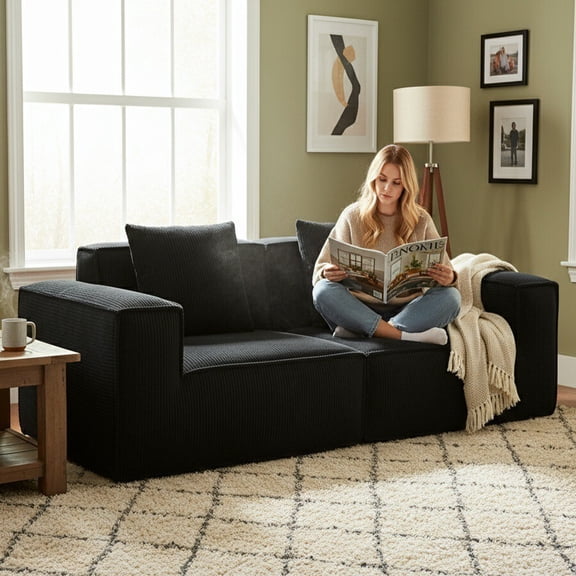 86.6" LoveSeat Cloud Sofa, Modular Sectional Couch with Pillows, Modern Boneless Sofa with Deep Seat and Plush Corduroy for Living Room, Bedroom, Apartment & Small Spaces - No Assembly Required,White