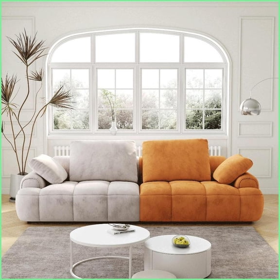 86.6 Modern 3-Person Gray & Yellow Suede Sofa | Tight Back | Flared Arms | Easy Assembly