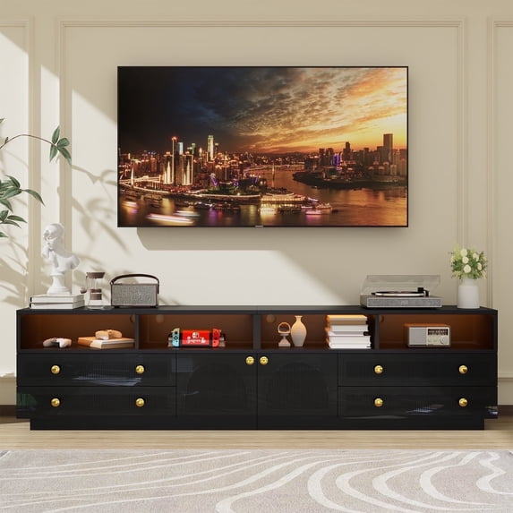 86.6" TV Stand for TVs up to 100", High-Gloss TV Console Entertainment Center with LED Lights, 4 Drawers and 4 Open Compartments for Living Room, Black