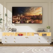 86.6 TV Stand for TVs up to 100, High-Gloss TV Console Entertainment Center with LED Lights, 4 Drawers and 4 Open Compartments for Living Room, White