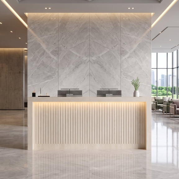 86.6" Modern Reception Desk with Dual Workstation, LED Lighting, Built-in Power Outlets, Locking Drawer, Storage Cabinets and Cable Management