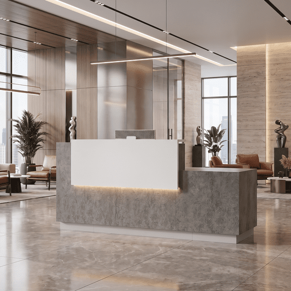 86.6" Modern Reception Desk with Adjustable File Drawer, Lockable Storage, Built-In Power Outlets & LED Lighting, Stone Gray & White