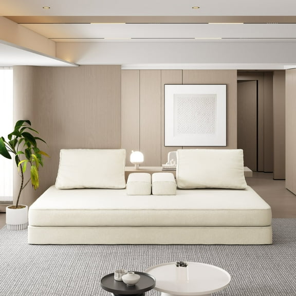 86.6"Multifunctional Convertible Sofa Bed with 2 Removable Backrests and 2 Pillows,Fuffy Chenille Fabric Sofa,Chaise Lounge,Game Pad,DIY Modern Upholstered Couch,Deep Seat Couch for Living Room,Black