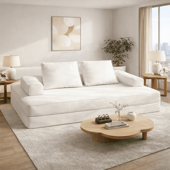 86.6"Multifunctional Convertible Sofa Bed w/ 2 Removable Backrests and 2 Pillows,Fluffy Chenille Fabric Sofa,Chaise Lounge,Game Pad,DIY Modern Upholstered Couch,Deep Seat Couch for Living Room