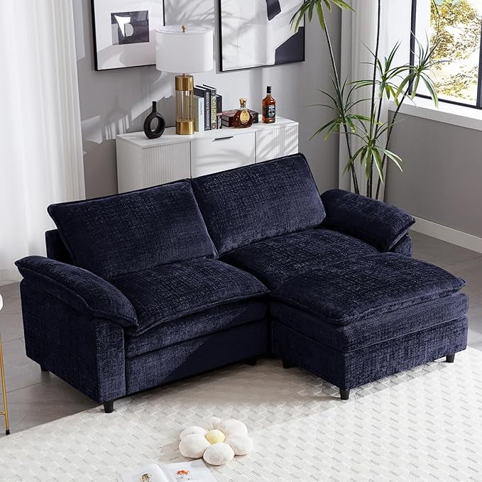 GNIXUU 86.6”Oversized Comfy Modular Loveseat Sofa with Deep Seat \u0026 Ottoman, Chenille 2 Seater Cloud Sectional Couch, for Small Living Room, Apartment, Office, Blue