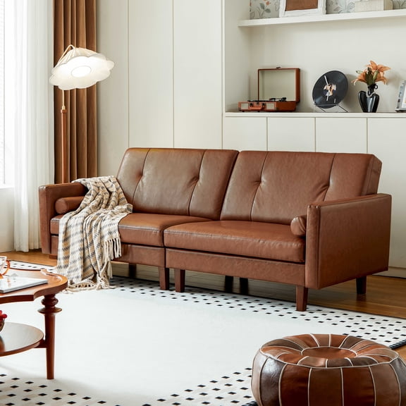 ATJafurn 86.6"W Leather Sofa with Pillows, Mid-century Modern Oversized 3-seater Tufted Upholstered Sleeper Couch Loveseat for Living Room