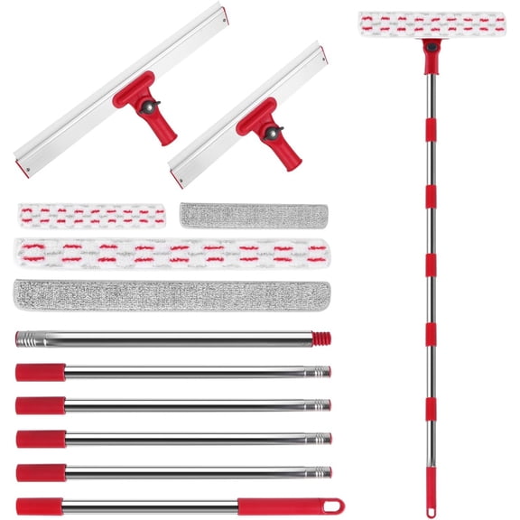 86.6" Window for , for Window Cleaning Kit with 6-Section Adjustable Long Handle, 16" & 12" Glass Scraper for Shower Glass Doors & Windshield, Includes 4 Microfiber Pads