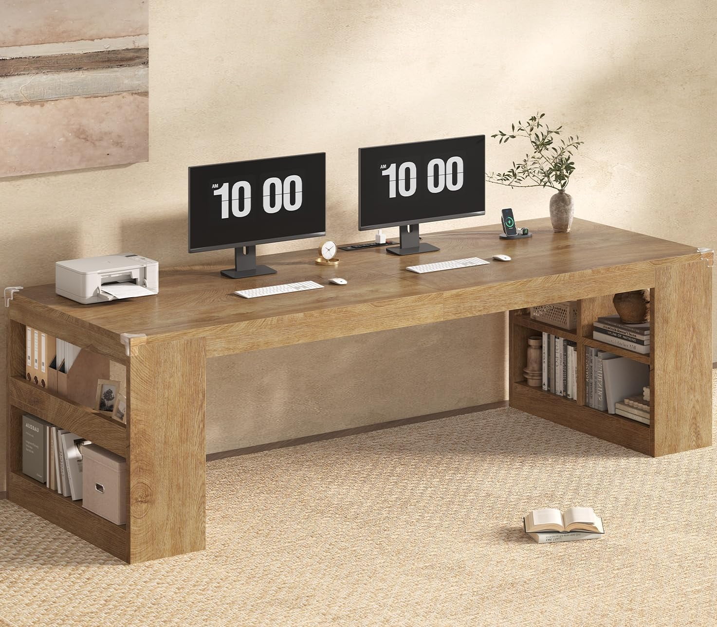 86.6 inch Two Person Desk, Computer Desk with Storage Shelves, Home Office Workstation Desk, Modern Writing Table, Oak
