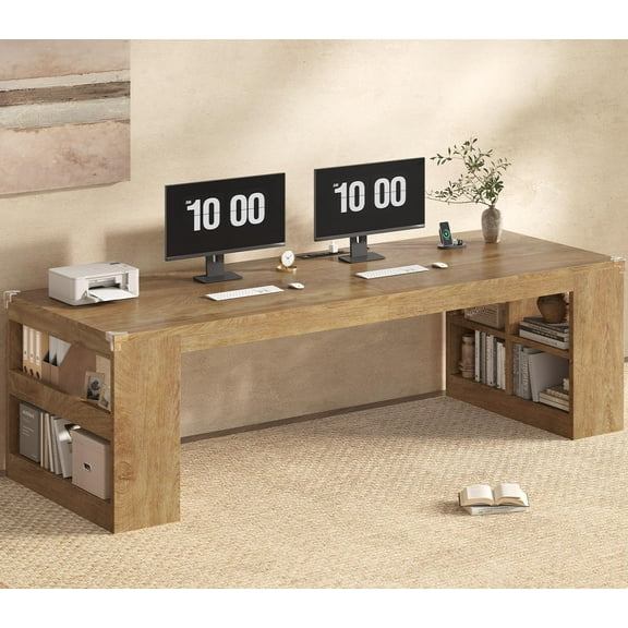 86.6 inch Two Person Desk, Computer Desk with Storage Shelves, Home Office Workstation Desk, Modern Writing Table, Oak